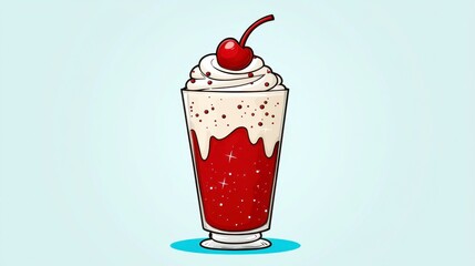 Delicious milkshake topped with a bright cherry on top served in a glass on a colorful table