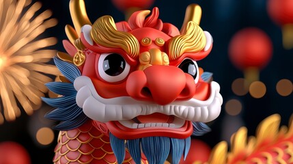 Fierce red dragon with gleaming gold horns captured in a fantasy setting surrounded by mystical elements