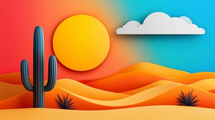 Vast desert landscape featuring a majestic cactus under the bright sun in a clear blue sky