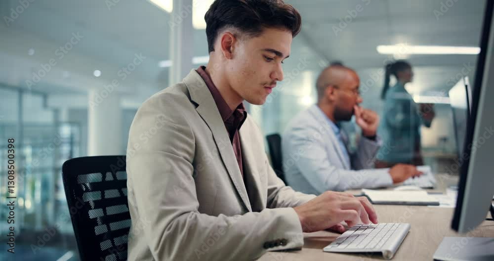 Poster Typing, research and computer with business man in office for online, virtual advisor and policy update. Admin review, company guideline and planning with employee for client feedback and broker