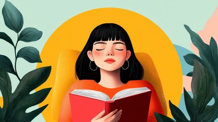 Thoughtful woman immersed in a book while sitting comfortably in a cozy indoor environment