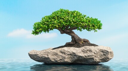 Elegant bonsai tree thriving on a natural rock base surrounded by lush greenery and serenity