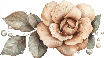 Close-up of a beautiful rose covered in glistening water droplets after a refreshing rain shower