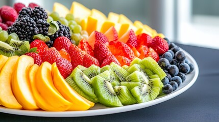 A delicious plate of fresh seasonal fruits arranged artistically for a healthy and colorful meal