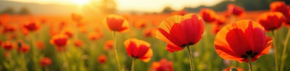 Fototapeta premium Sun-drenched poppy field, vivid colors, textured petals , view, field