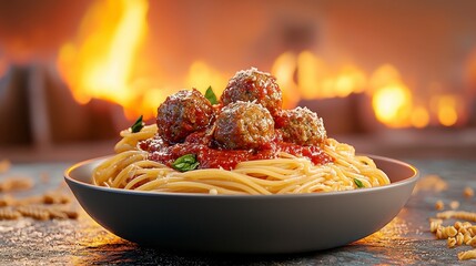 Delicious bowl of spaghetti topped with rich meat sauce garnished with fresh herbs and cheese