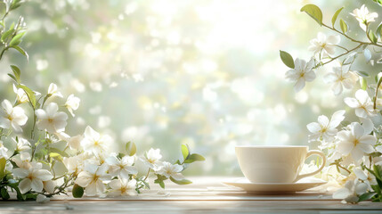 Tea cup with white flowers in a serene garden setting