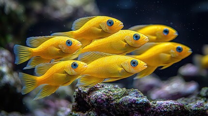Diverse group of fish swimming together in clear blue water creating a dynamic underwater scene