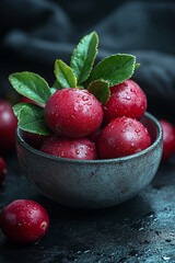 Crimson Delight, Fresh Cranberries in a Rustic Bowl with Verdant Leaves