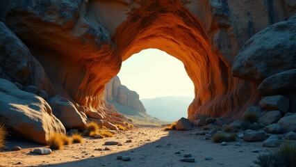 Windstone Arch in a desert landscape, with sunlight illuminating the natural rock formation and distant mountains visible through the arch.