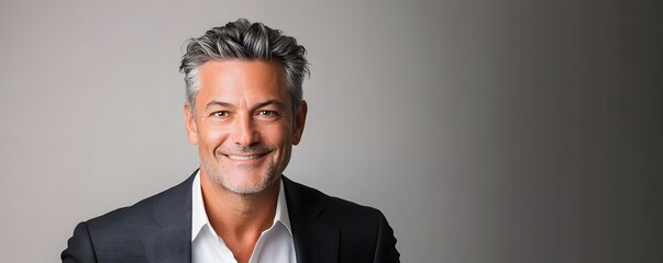 A smiling middle aged man wearing a suit jacket