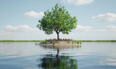 Lone tree on small island in calm water under cloudy sky