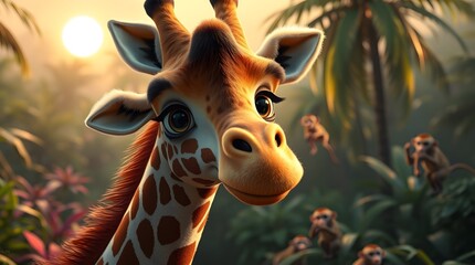 Cute Cartoon Giraffe in a Tropical Jungle with Monkeys