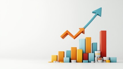 solid pastel Curved graph with arrow moving up. Over white Studio Background.