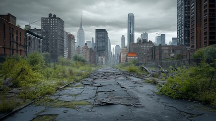 Fototapeta premium Overgrown city street, skyscrapers in background, post-apocalyptic scene.