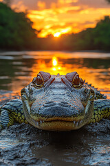 Obraz premium Alligator's Gaze, A Primeval Encounter at Sunset's Golden Hour