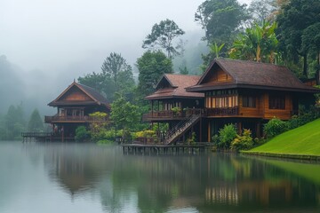 Fototapeta premium Misty lake houses in lush forest. Perfect for travel, hotel, or resort websites showcasing serene locations.