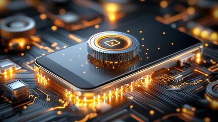Innovative smartphone technology showcased in a digital circuit board environment close-up view highlighting modern connectivity and design