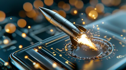 Rocket launching action on a smartphone screen digital technology environment close-up viewpoint futuristic concept for innovation