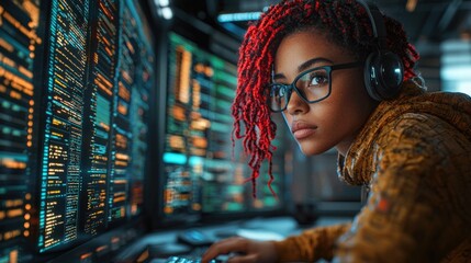 Obraz premium Beautiful woman with vibrant red dreadlocks displaying unique hairstyle and confident expression