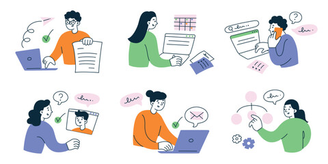 Office and remote work set. Flat cartoon characters working. Vector illustration collection of online meetings, task planning, project management, presentations, business calls, and teamwork