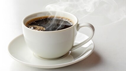 Obraz premium Hot Cup of Coffee in a White Ceramic Mug with Steam Rising, Isolated on a White Background ideal stock photo for cafes, breakfast scenes, and coffee lovers.