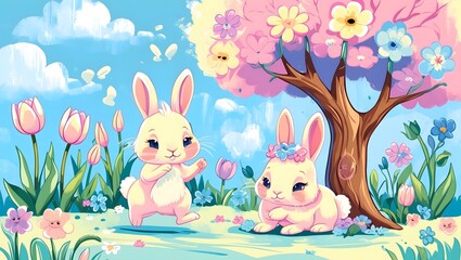 Obraz premium Two Cute Bunnies Playing Under a Blossom Tree with Colorful Flowers on a Sunny Day