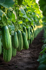 Abundance of cucumbers dangling in rows at a fruitful garden field