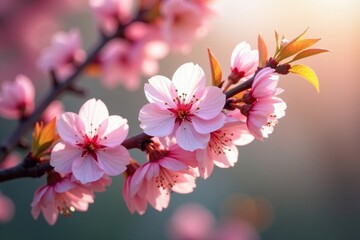 Obraz premium Delicate pink cherry blossoms on a branch, soft sunlight , spring flower, bloom season