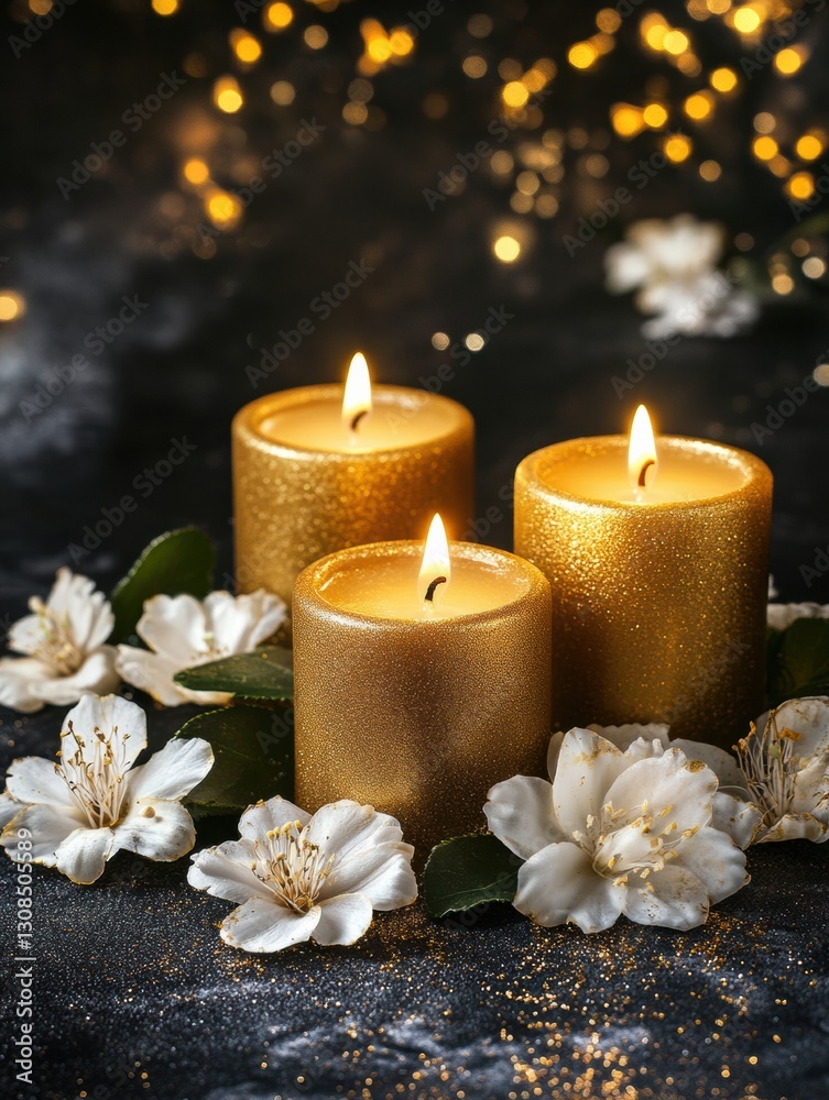 Aufkleber elegant golden candles with white and gold flowers on a dark shimmering background create a serene a