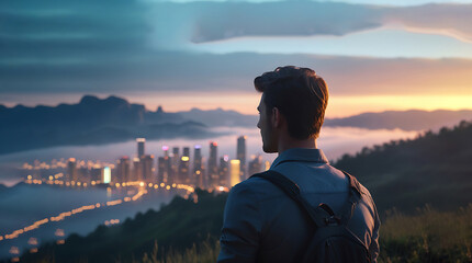 Cinematic 4K Film Shot of a Man Gazing at a Sunset Over Foggy Mountains and a Cityscape