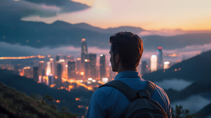 Cinematic 4K Film Shot of a Man Gazing at a Sunset Over Foggy Mountains and a Cityscape