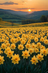 Fototapeta premium Golden Daffodils Blanket Rolling Hills Under a Serene Sunset Panorama