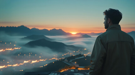 Cinematic 4K Film Shot of a Man Gazing at a Sunset Over Foggy Mountains and a Cityscape