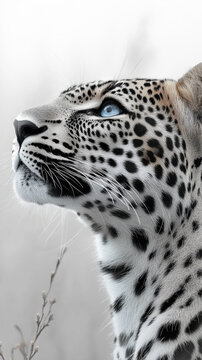 Close-up of a leucistic leopard with striking blue eyes