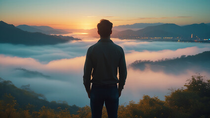 Cinematic 4K Film Shot of a Man Gazing at a Sunset Over Foggy Mountains and a Cityscape