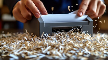 Shredding documents, hands, office desk, closeup
