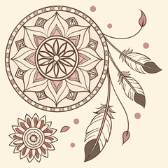 Dreamcatcher illustration mandala design feathers native American inspired bohemian art intricate patterns earth tones circular motifs hand-drawn style