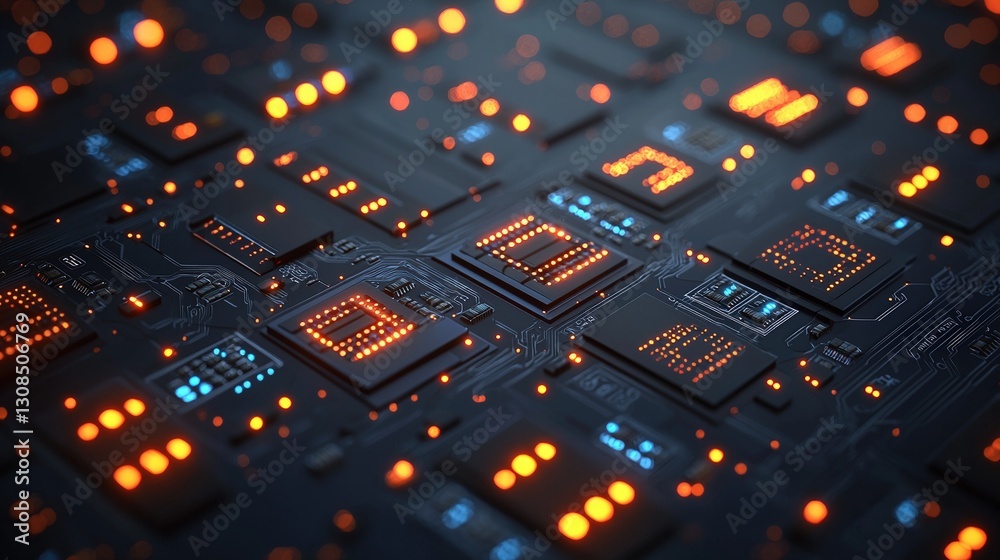 Poster circuit board featuring multiple illuminated lights displaying the complexity of electronic systems