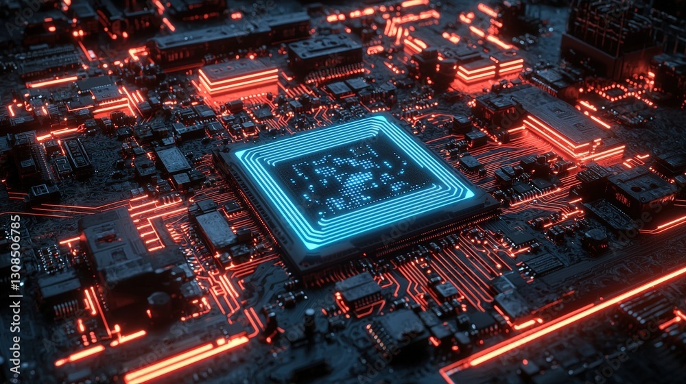 Poster close-up view of a computer processor showcasing its intricate design and advanced technology