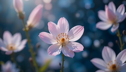 Delicate Pink Flowers Blooming Against a Soft Blue Bokeh Background