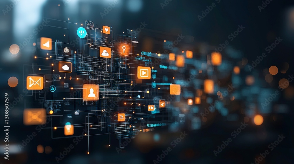 Poster digital connectivity a futuristic network of data and communication icons urban setting graphic illu