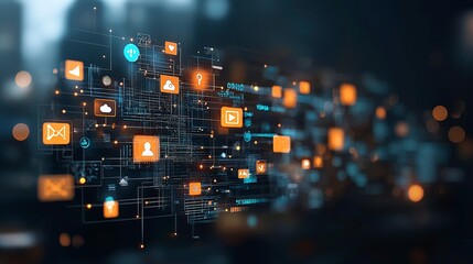 Digital connectivity a futuristic network of data and communication icons urban setting graphic illustration high-tech environment macro viewpoint for enhanced understanding
