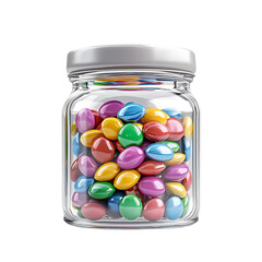 Colorful candies in a glass jar.
