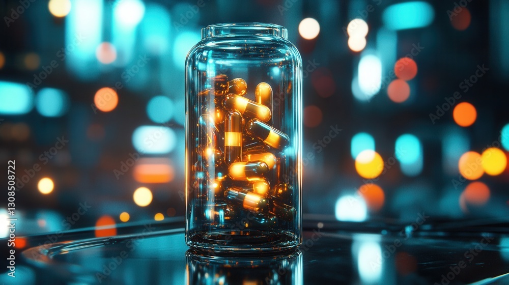Aufkleber Futuristic transparent pill bottle showcases glowing capsules in a cyberpunk environment with high tech design elements Generative AI