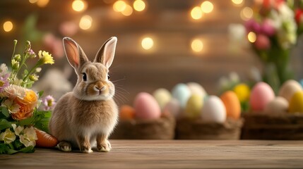 A cute rabbit sits among colorful eggs and flowers, creating a festive atmosphere, perfect for spring celebrations.
