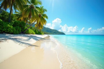 Azure water laps gently at a shore fringed by swaying palms, brilliant sunlight glints off the sand , shore, beach, ocean