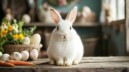 A cute white rabbit sits on a wooden table surrounded by flowers, carrots, and Easter eggs in a cozy, rustic setting.
