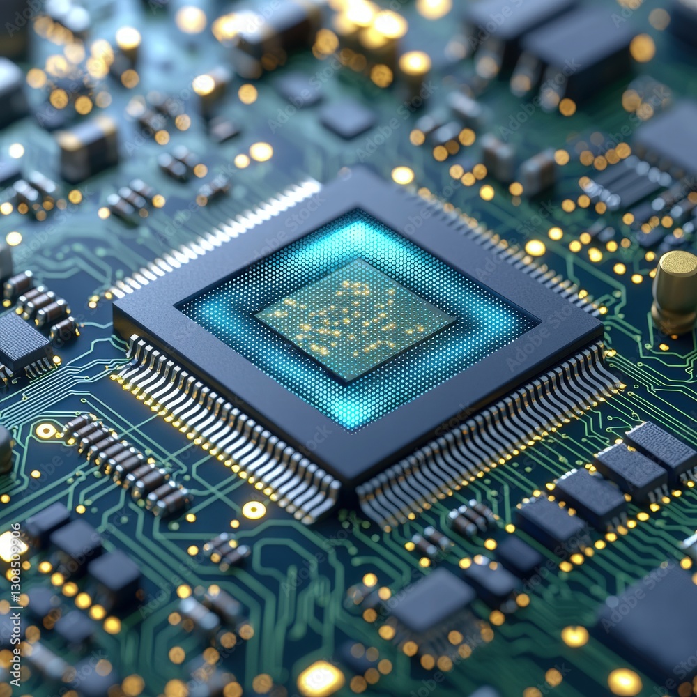Poster detailed view of circuit board featuring advanced microprocessor in a high-tech environment