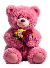 High-Definition Fluffy Teddy Bear with Bouquet - PNG